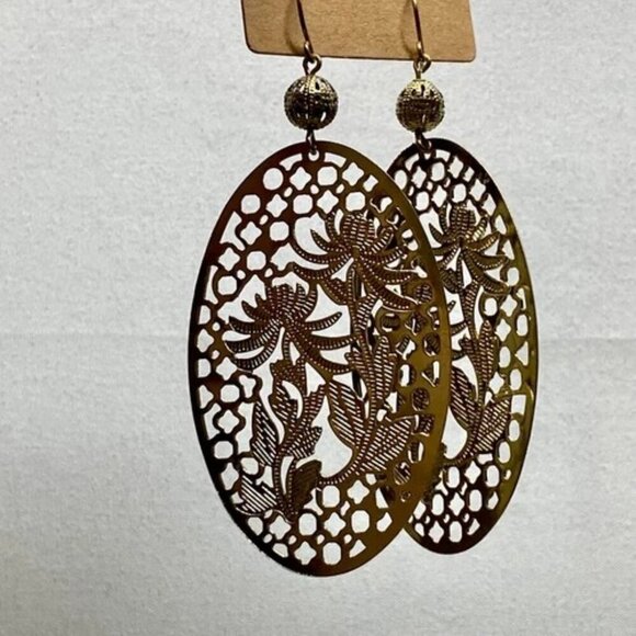 Forever 21 Goldtone Oval Earrings Lace Lattice Etched Dangle Hook Boho NWOT - Picture 6 of 8